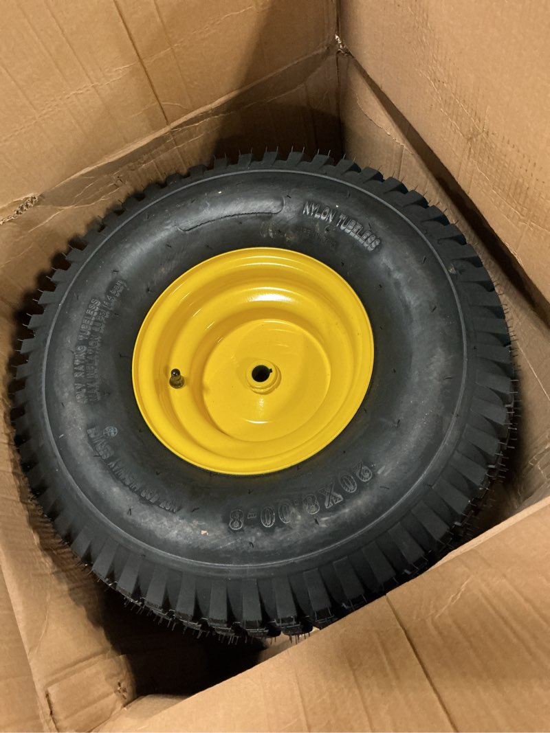 Condition photo showing Good Condition for (2-pack) 20x8.00-8 rear tire and wheel assemblies - 4 ply tubeless tire compatible replacement for riding lawn mowers - 3/4" borehole, 3.5" offset hub and 3/16" keyway 20 x 8.00-8" tubeless (offset hub) yellow