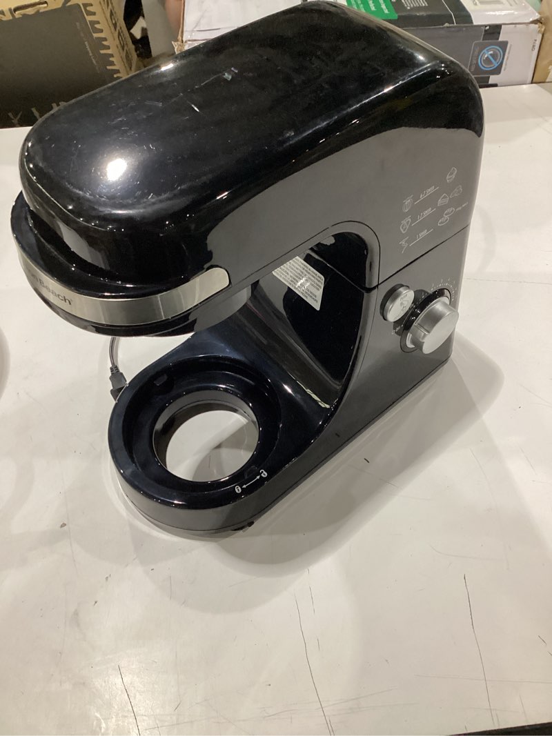 Condition photo showing Good Condition for **untested** hamilton beach electric stand mixer, 4 quarts, dough hook, flat beater attachments, splash guard 7 speeds with whisk, black black 7 speeds with whisk & splash guard