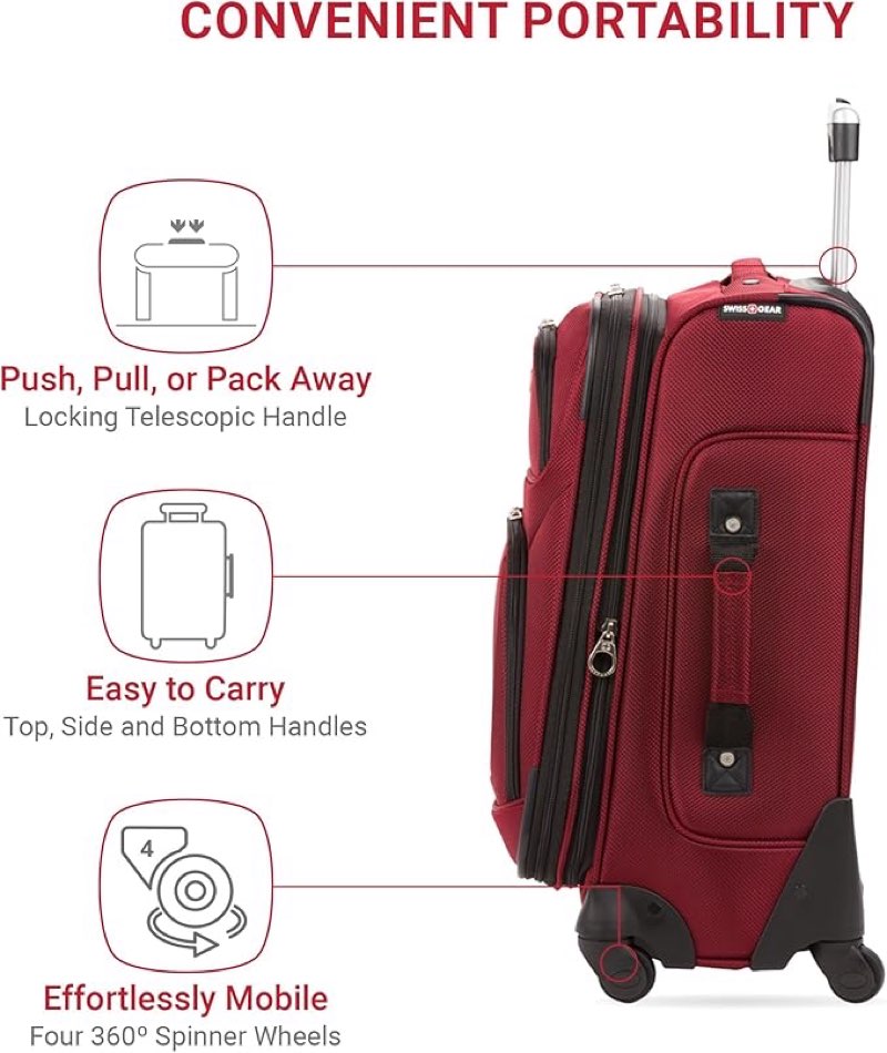 SwissGear Sion Softside Expandable Luggage – Carry-On Suitcase with 360 Degree Wheels & Retractable Handle – 21 Inch, Perfect for 1-3 Night Trips – Burgundy