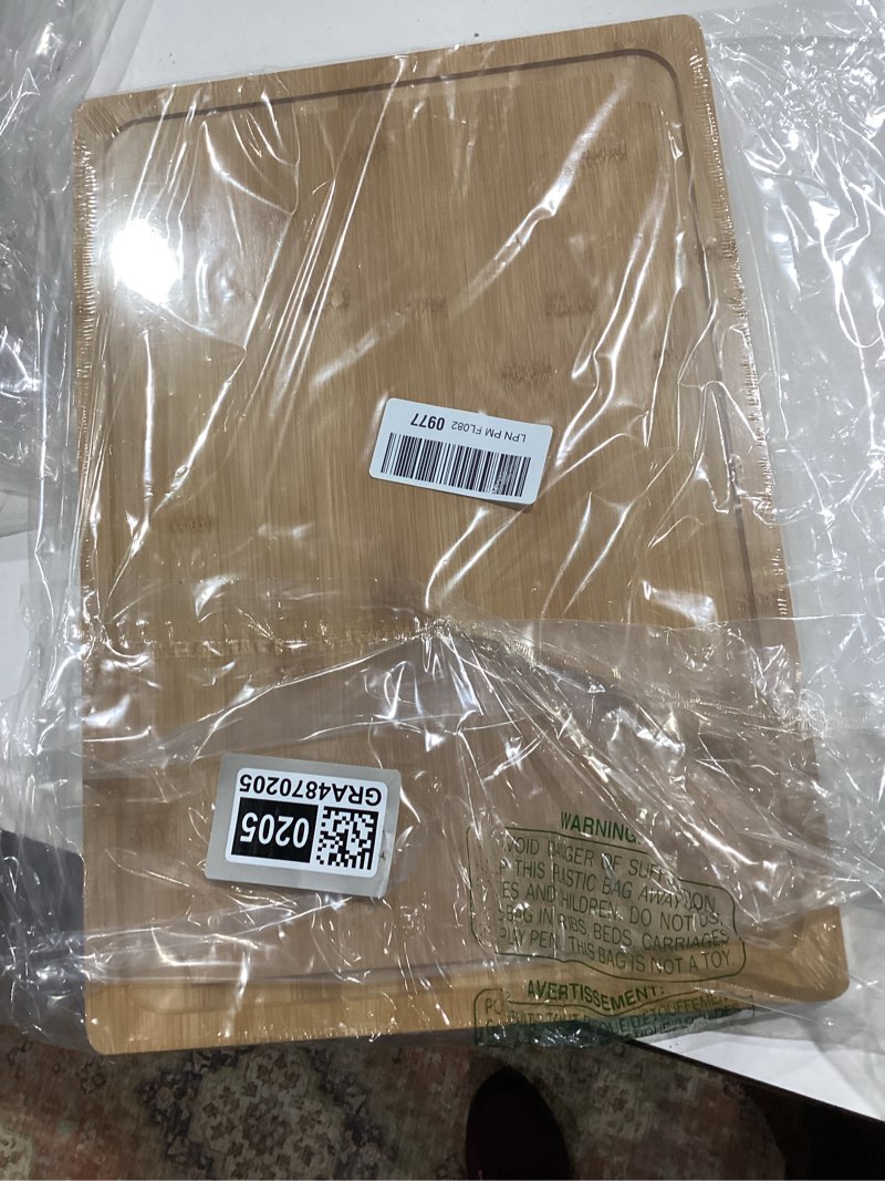 Condition photo showing Good Condition for extra large cutting board, 17.6" bamboo cutting boards for kitchen with juice groove and handles kitchen chopping board for meat cheese board heavy duty serving tray, xl, empune 17.6"l x 12"w