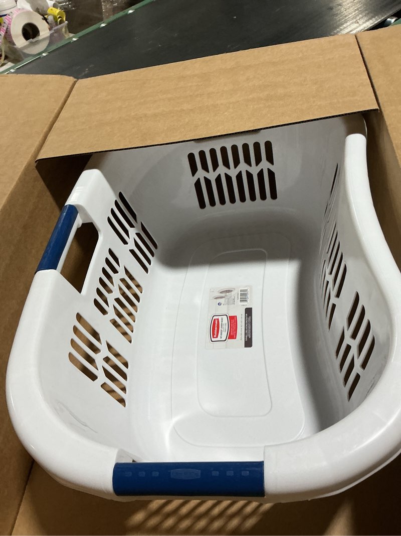 Condition photo showing Good Condition for Rubbermaid Large Hip-Hugger Laundry Basket/Hamper, 1.5-Bushel, White, Stackable Storage Bin/Organizer for Bathroom/Bedroom/Dorm/Home 1.5 Bushel Large Hip Hug Basket