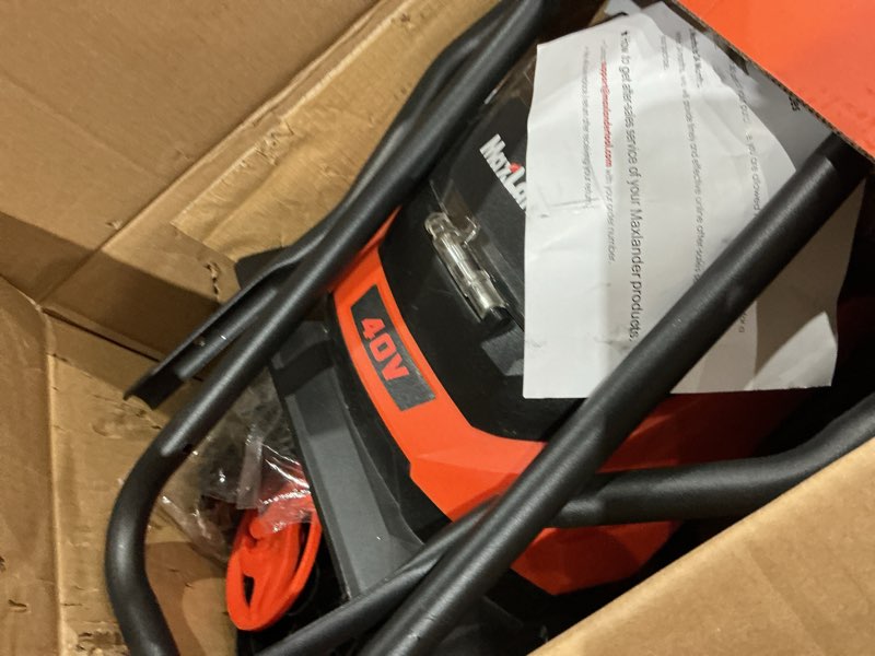 Condition photo showing As Is for maxlander cordless tiller cultivator, 40v 12-inch brushless battery powered garden tiller with 4 steel tines, powerful 280 rmp rototiller, 2x4.0ah battery and charger included coral