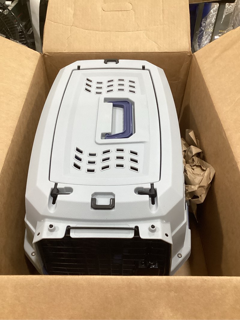 Condition photo showing Good Condition for amazon basics sturdy portable 2-door top-load hard-sided pet travel carrier with secure ventilation, handle, front & top entry for dogs, cats, 22.8"l x 15"w x 13"h, gray & blue gray & blue 22.8"l x 15.0"w x 13.0"h