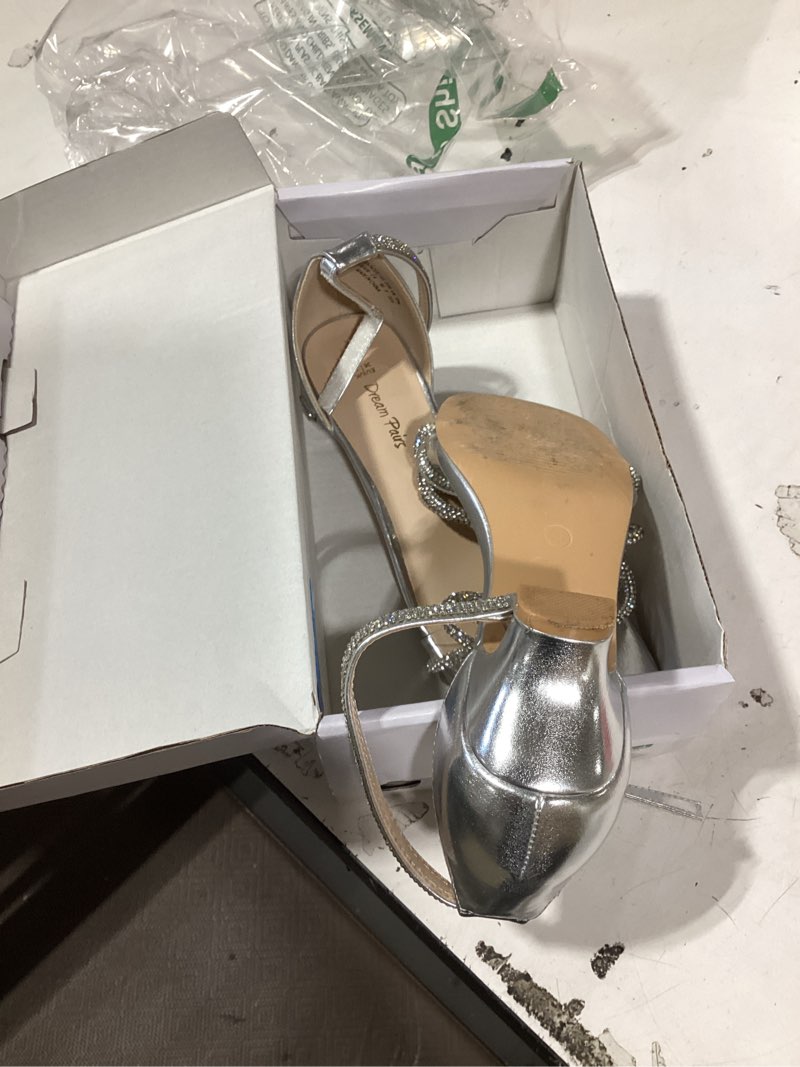 Condition photo showing As Is for dream pairs girls sandals ankle strap square toe low heel bow flower dress shoes 4 big kid silver