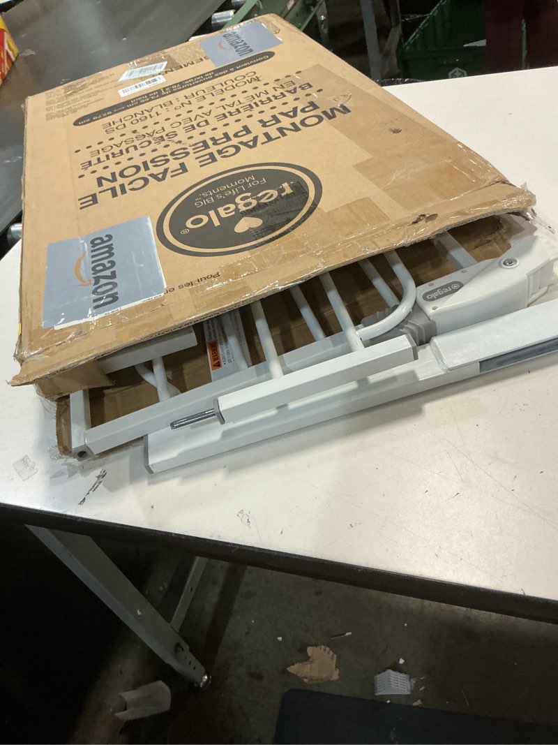 Condition photo showing As Is for Regalo Safety 38" Baby Gate for Doorways & Bottom of Stairs, Pressure Mount Design for Babies, Toddlers & Pets, Tested & Safe for 30 Years, American Designed, American Owned, White White 29-38.5"W x 30"H