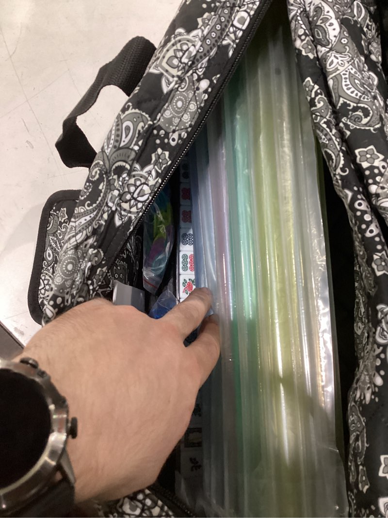 Condition photo showing New/Like New for American Mahjong Game Set, 166 Quality White Tiles, 4 All-in-One Color Rack/Pushers, Complete Mahiong Tile Set Black Printed Carrying Bag