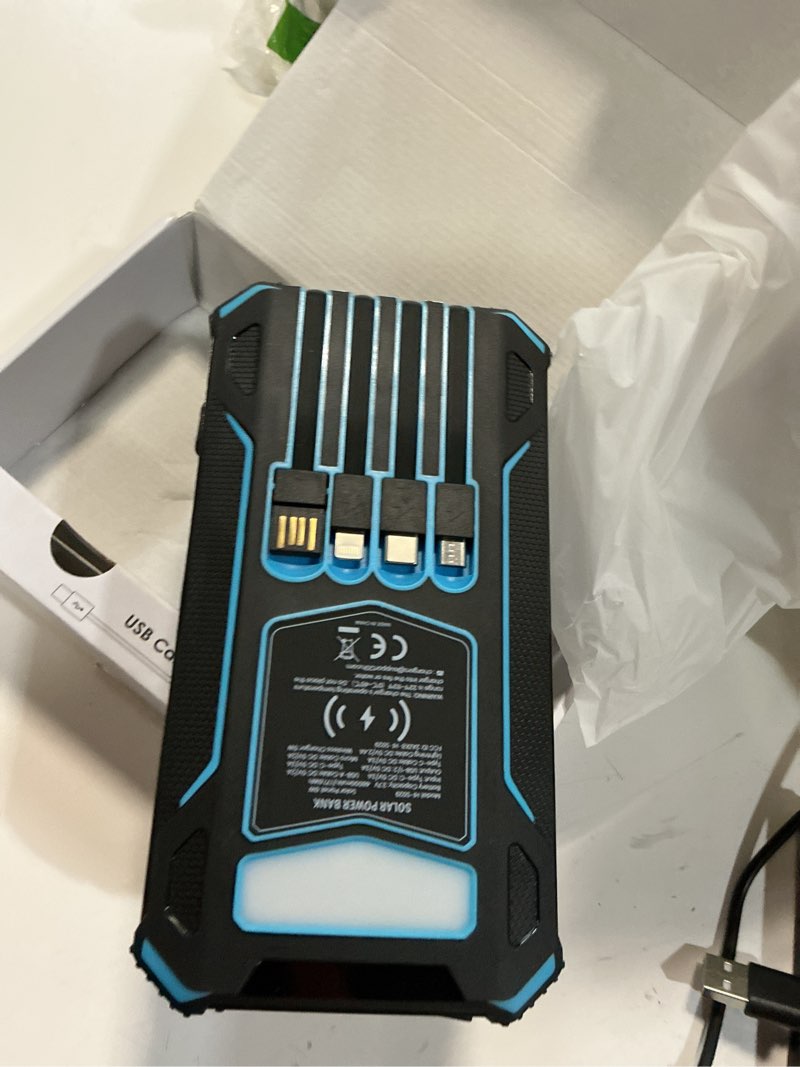 Condition photo showing Good Condition for soaraise solar charger power bank - 48000mah wireless portable charger built-in 4 cables and 4 solar panels, pd qc 3.0 fast charging usb c battery pack with flashlight for camping travel (blue)