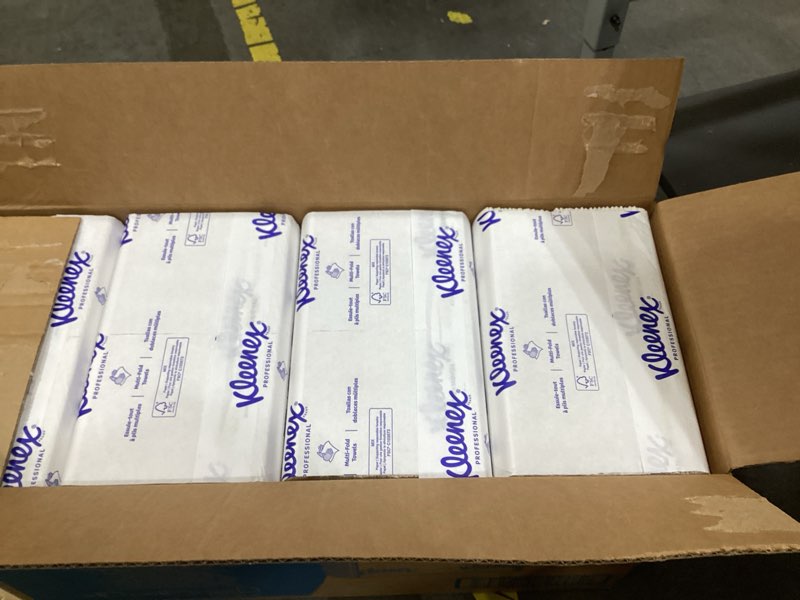 Condition photo showing As Is for kleenex professional universal multifold paper towels, bulk (02046), absorbency pockets, 9.2" x 9.4" towel, white (150 sheets/pack, 8 packs/case, 1,200 sheet total) 150 count (pack of 8)