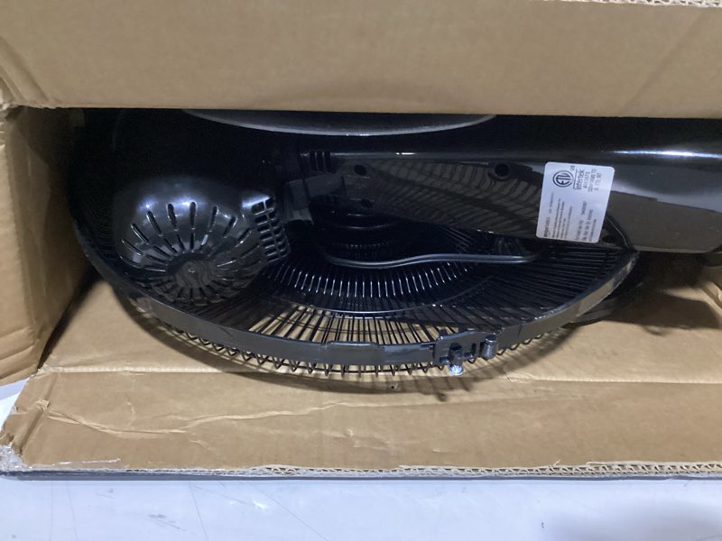 Condition photo showing Good Condition for amazon basics 16" pedestal fan with remote, floor fan, standing fan for bedroom, living room, office, with 3 speeds, 3 modes, timer, dual-layered blades, adjustable height, tilt head, 60w, black 3-speed, ac motor