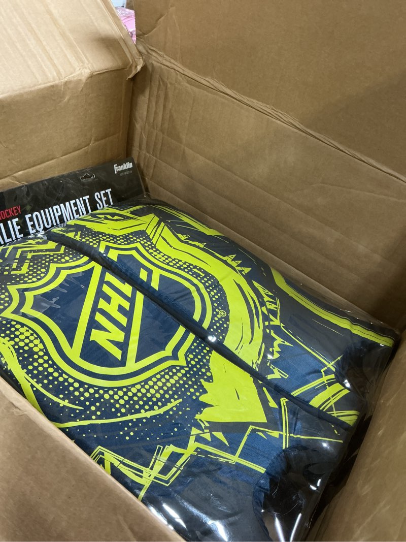 Condition photo showing New/Like New for Franklin Sports Kids Street Hockey Goalie Pads Set - Youth Mini + Street Hockey Goalie Gear - Junior Blocker, Glove + Pads - Adjustable Kids Street Hockey Equipment - Youth Medium,Black/Optic Yellow