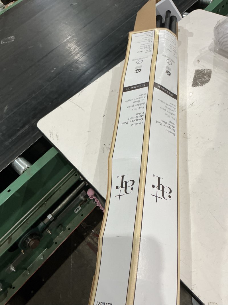 Condition photo showing As Is for allen + roth beckington 72-in to 144-in matte black steel side double curtain rod