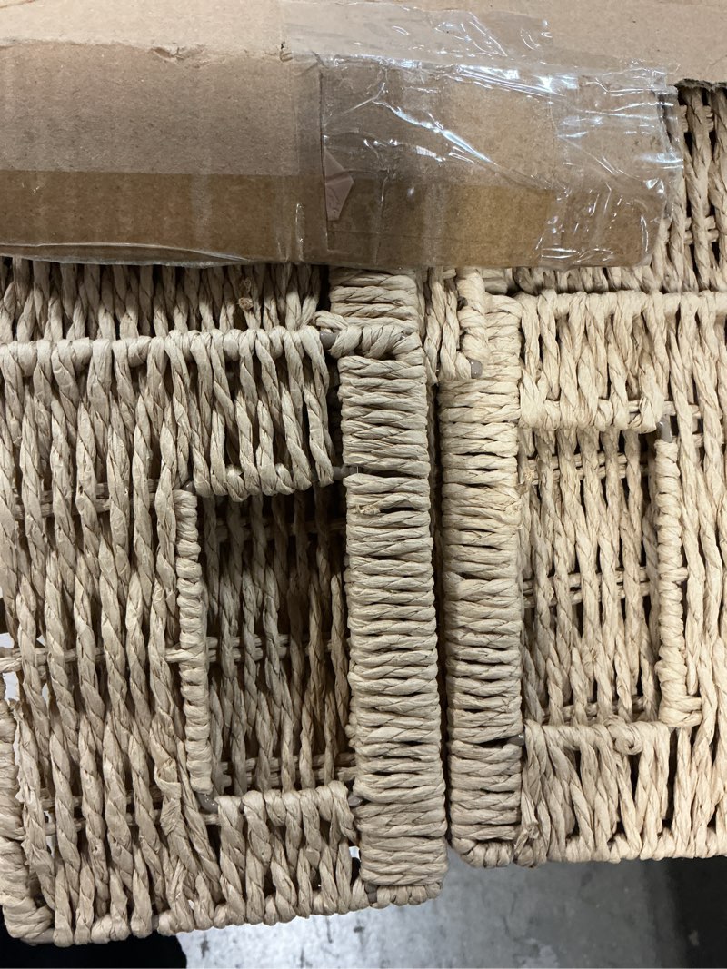 Condition photo showing Good Condition for 2 pack paper rope wicker baskets with handles, storage wicke baskets for shelves organizing, natural color toilet basket tank topper, small woven baskets for storage, 14.17x6.1x4.72in