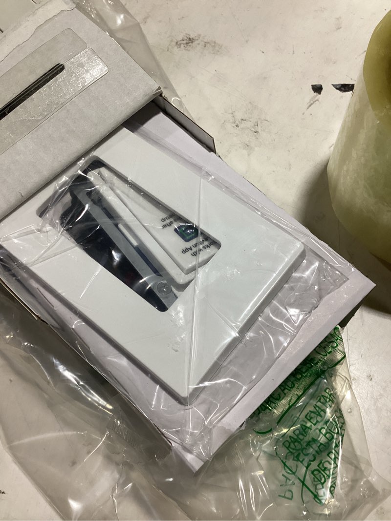 Condition photo showing As Is for leviton decora smart switch, wi-fi, works with matter, alexa, google assistant, apple home/siri & wired or wirefree 3-way, neutral wire required, d315s-1rw, white