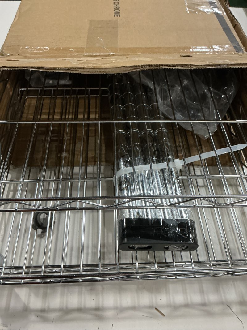Condition photo showing New/Like New for whitmor 3 tier storage shelving, heavy duty with wheels, adjustable steel organizer, 400 lbs capacity per shelf, max 1200 lbs total for garage, kitchen, bathroom, 20" l x 14" w x 24" h, chrome 3-tier, 20"l x 14"w x 24"h (with wheels)