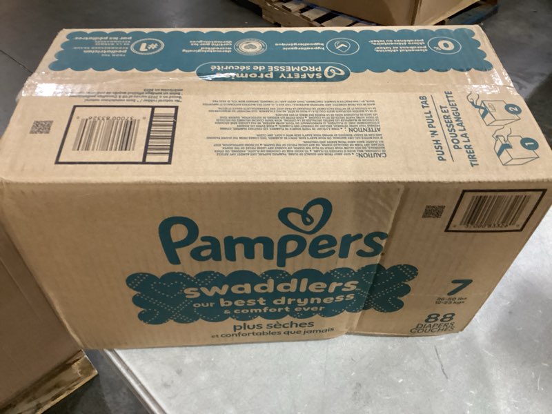 Condition photo showing New/Like New for pampers swaddlers diapers, size 7 (26-50 lbs), 88 count, absorbent, keeps baby dry and comfortable, skin safe disposable baby diaper (packaging may vary) size 7 88