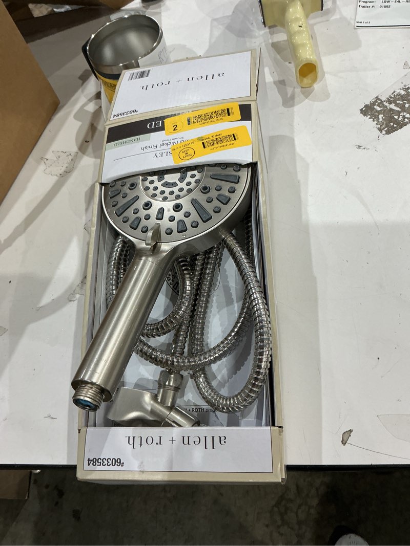 Condition photo showing As Is for allen + roth kensley 9 -spray brushed nickel 5.9-in round filtered handheld shower head 1.8 gpm