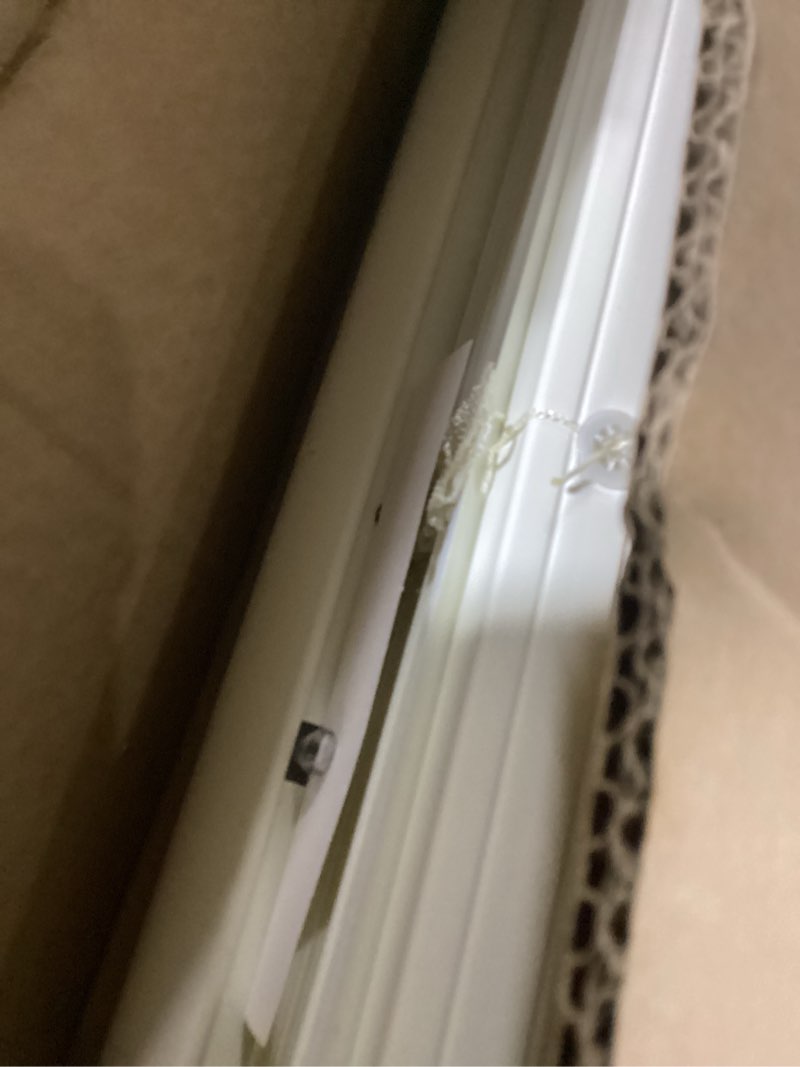 Condition photo showing As Is for chicology cordless mini blinds, 1 inch vinyl window blinds, room darkening & privacy, easy install with adhesive brackets, child safe, for windows, doors & campers, alabaster,25" w x 72" h 25"w x 72"h alabaster (commercial grade)