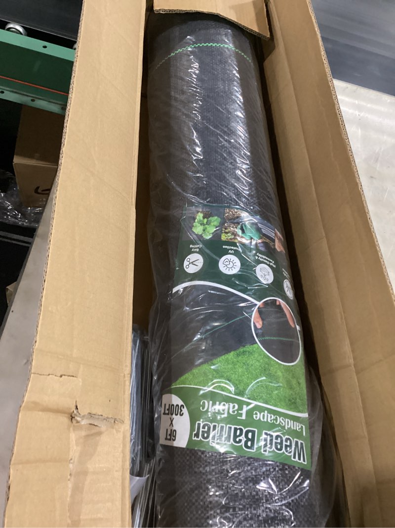 Condition photo showing Good Condition for 6ft x 300ft durable weed barrier fabric, 3oz heavy-duty landscaping fabric, permeable ground cover for garden, lawn, and outdoor projects, easy to install, with 90 staples