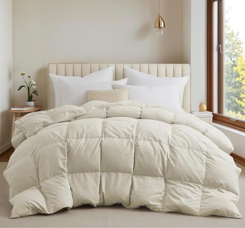 unikome queen size goose feather down fiber comforter, all season duvet insert with soft downproof cover, cloud-like fluffy hotel collection cream comforter with corner tabs (88\" x 88\")