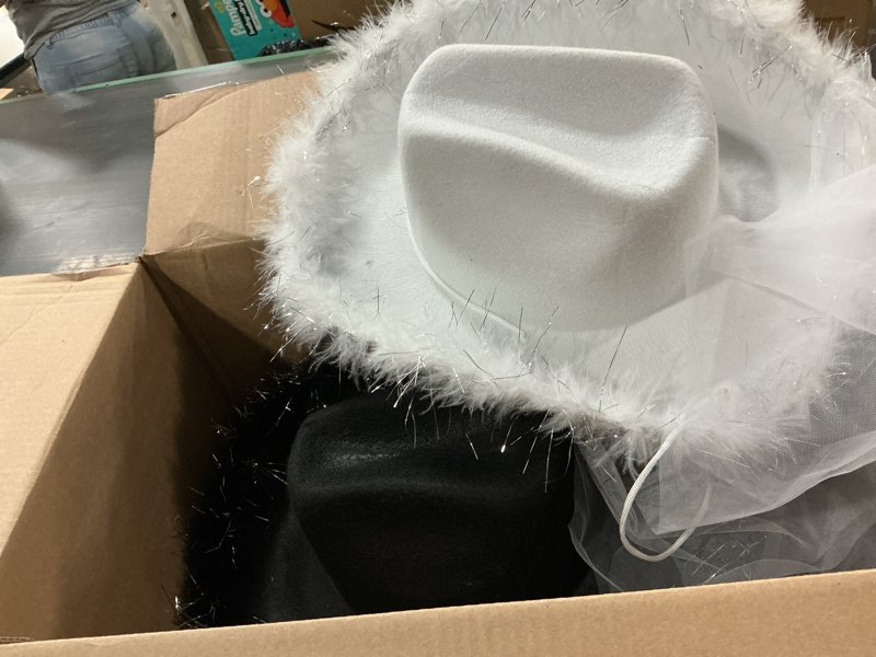 Condition photo showing As Is for unittype 12 pcs women cowgirl cowboy hats bachelorette cowboy hats for bridal shower wedding engagement halloween cosplay black, white feather style