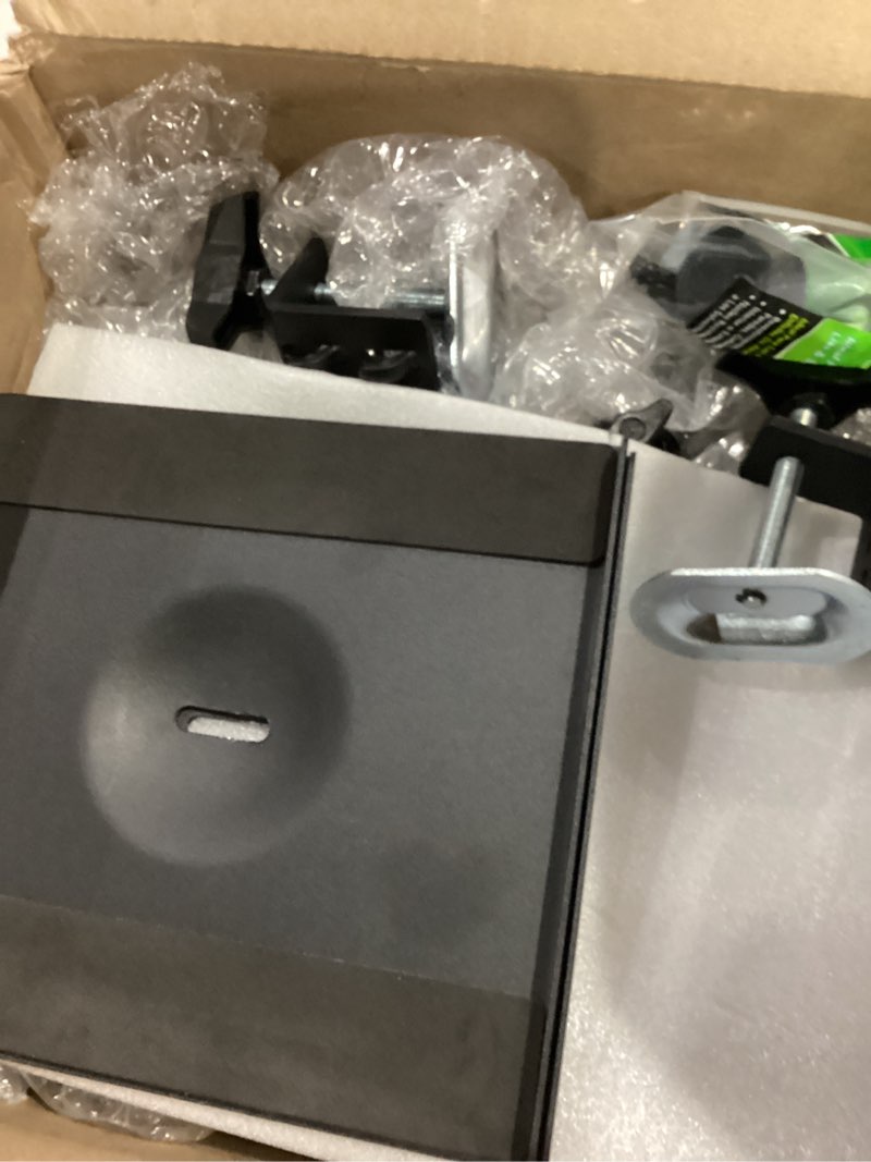 Condition photo showing item condition for suptek Clamp-on Speaker Stand Desk Mount Set, Height Adjustment, Tilt, Swivel, 9.6 x 8.8 inch Trays, Universal Audio Holders for Computer and Bookshelf Speakers, Elevated Sound, 2 Pack, Black, SDM001B