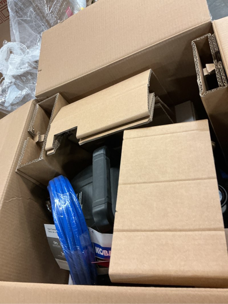 Condition photo showing As Is for kobalt 6-gallon portable electric 150 psi pancake air compressor with accessories included