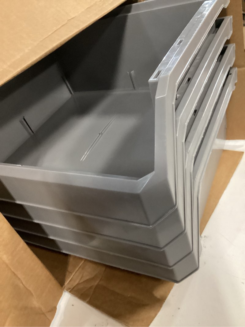 Condition photo showing As Is for ReadySpace Plastic Containers for Organizing and Storage Bins for Closet, Kitchen, Office, Garage or Pantry Organization, Stackable Bins, Extra Large (14.8" x 16.5" x 7"), 4-Pack, Grey Grey Extra Large, 4-Pack