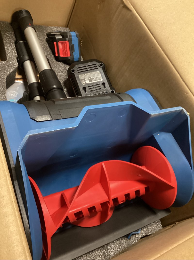 Condition photo showing Good Condition for Cordless Electric Snow Shovel Rake, 21V 12-Inch Brushless Battery Snow Blower with 4.0Ah & Fast Charger, 20FT Throw Distance, Compact Design, Adjustable Front Handle, for Driveway/Sidewalk – Blue