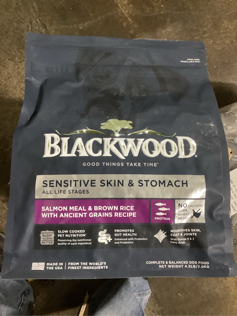 Condition photo showing As Is for Blackwood Sensitive Skin & Stomach Dry Dog Food, Salmon Meal & Brown Rice with Ancient Grains, 4.5 Pound Bag with Prebiotics & Probiotics to Promote Gut Health Salmon Meal & Brown Rice with Ancient Grains 4.5 Pound (Pack of 1)