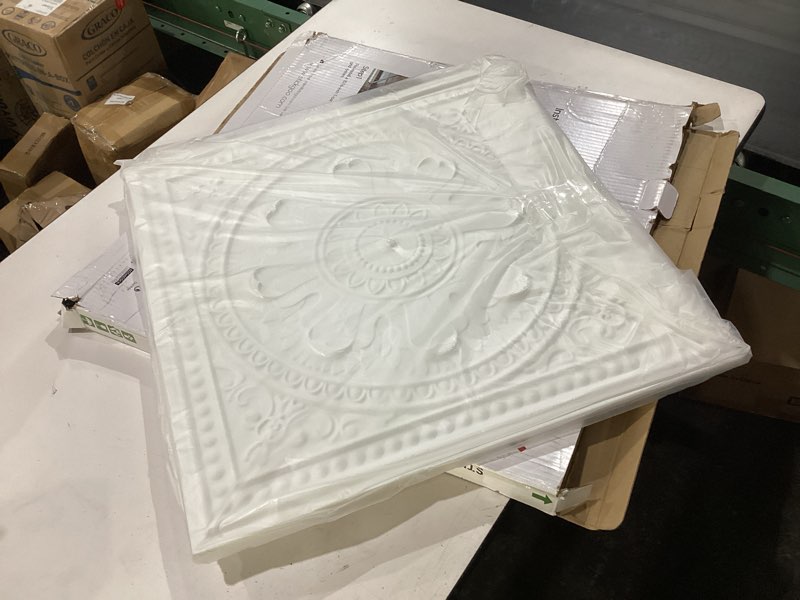 Condition photo showing Good Condition for stickgoo drop ceiling tiles 24"x24", pvc panels plastic ceiling tiles waterproof reusable, covers 48 sq.ft., baroque decorative tiles for home & commercial use (pack of 12, white)