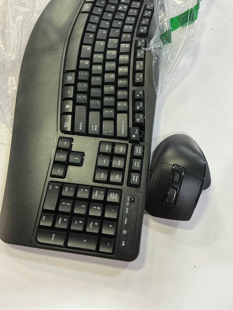 Condition photo showing As Is for Wireless Keyboard and Mouse Combo, 2.4G Full Size Wave Keys Ergonomic Keyboard with Wrist Rest and 3-Level DPI Adjustable Wireless Ergonomic Mouse for Windows, Mac OS Desktop/Laptop/PC(Black)