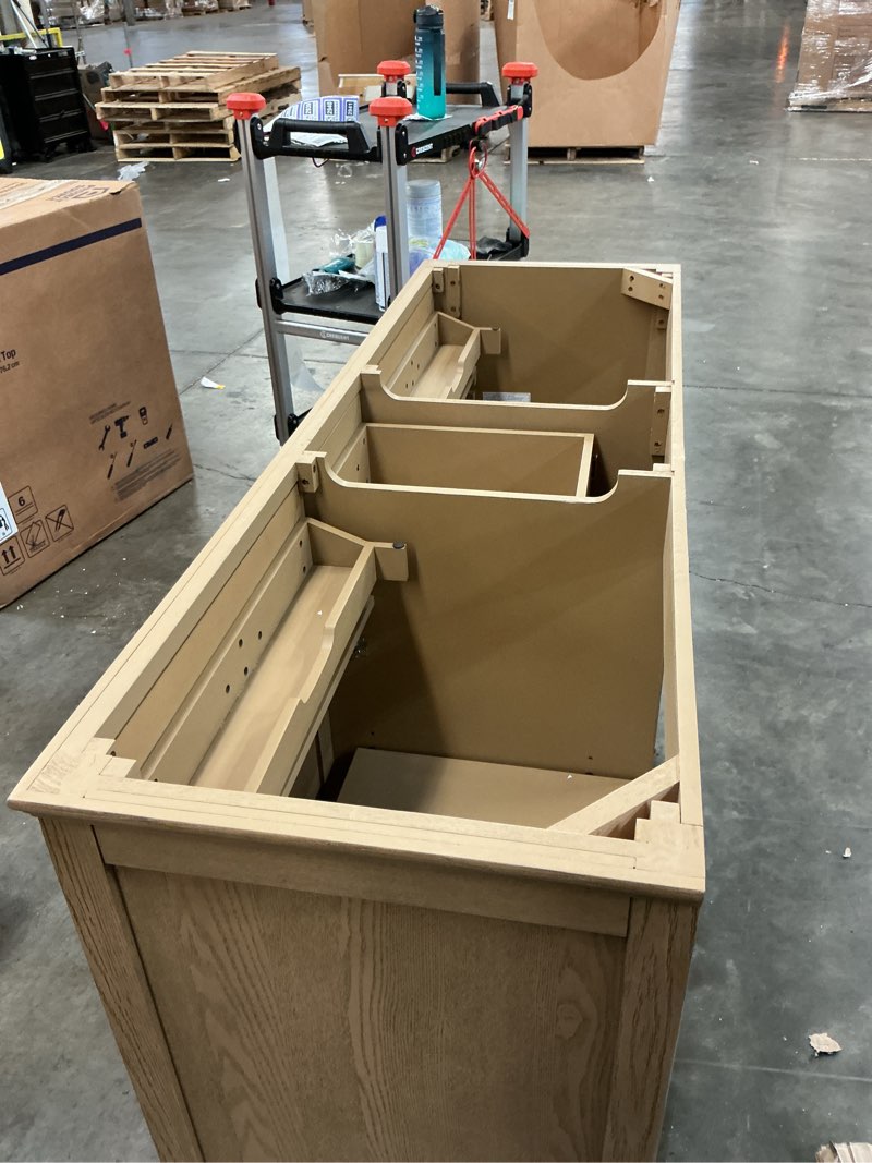 Condition photo showing As Is for allen + roth cantrell 60-in clear oak undermount double sink bathroom vanity with white no sink