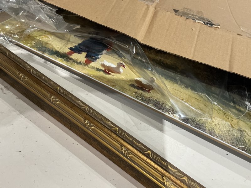 Condition photo showing As Is for tertiosh gold frame vintage country canvas wall art boy duckling barn wall decor picture rural farm painting print artwork for retro farmhouse home children's room decoration 16x24in country boy 24l"x16w"