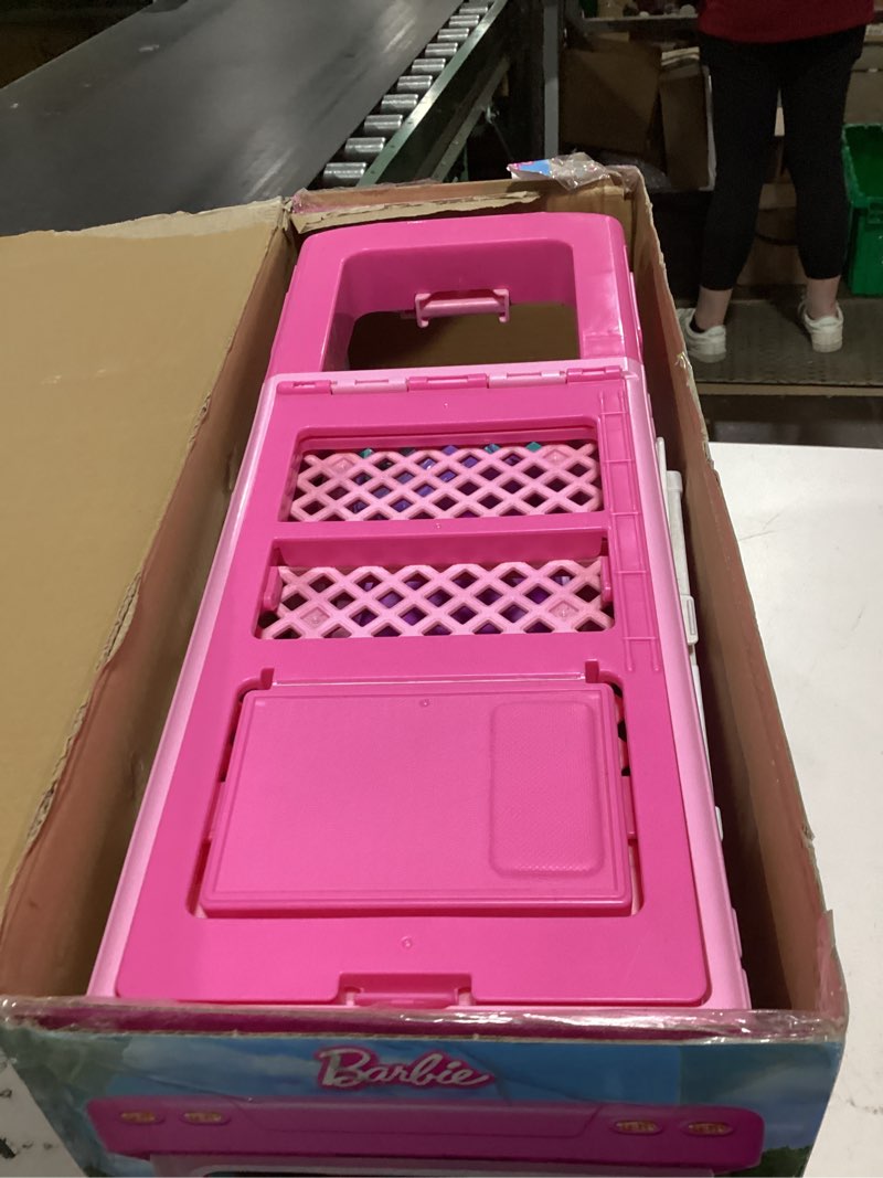 Condition photo showing As Is for barbie camper, doll playset with 50 accessories, transforms into truck, boat & house, includes pool, 3-in-1 dream camper (amazon exclusive)