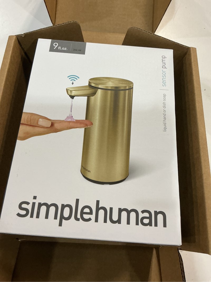 Condition photo showing New/Like New for simplehuman 9 oz. touch-free automatic rechargeable sensor pump, brass stainless steel, new brass 9 oz.
