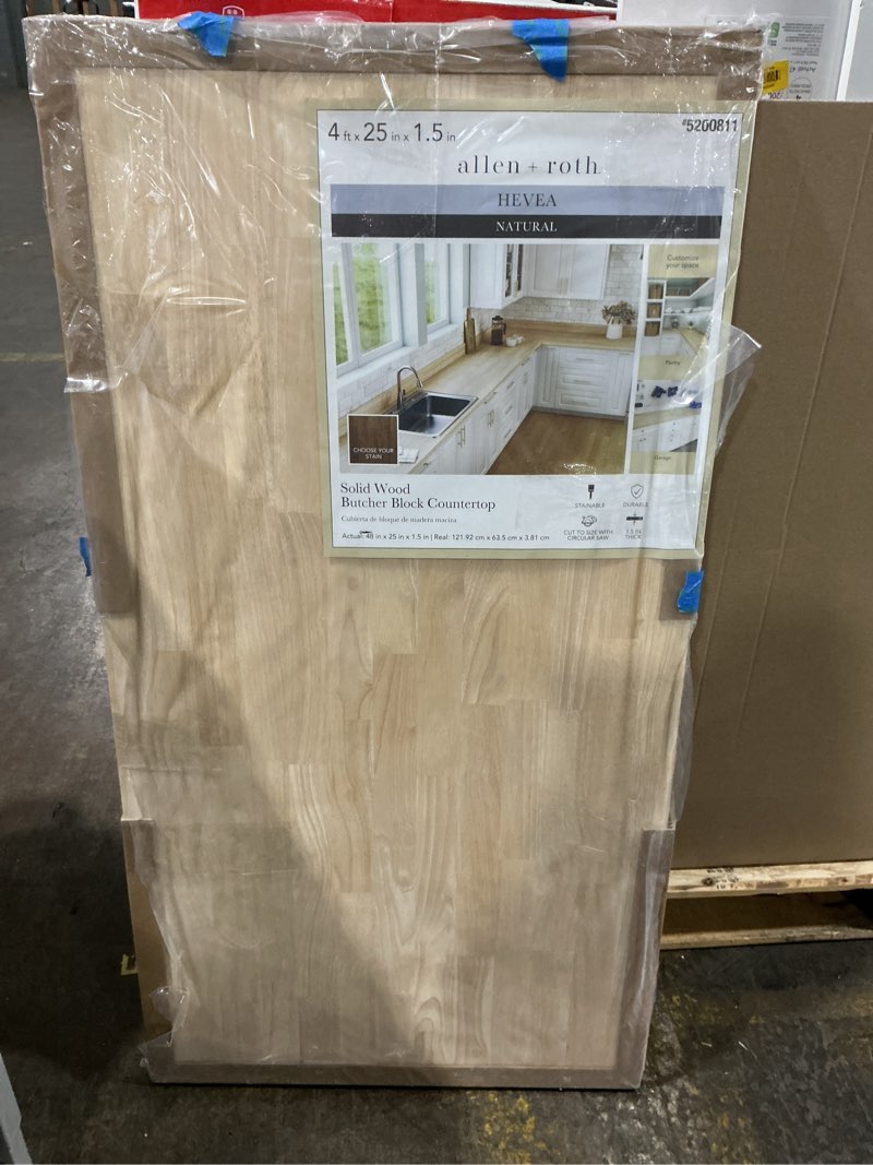 Condition photo showing Good Condition for allen + roth Natural grain 4-ft x 25-in x 1.5-in Finger-Jointed Hevea Wood Butcher block Countertop