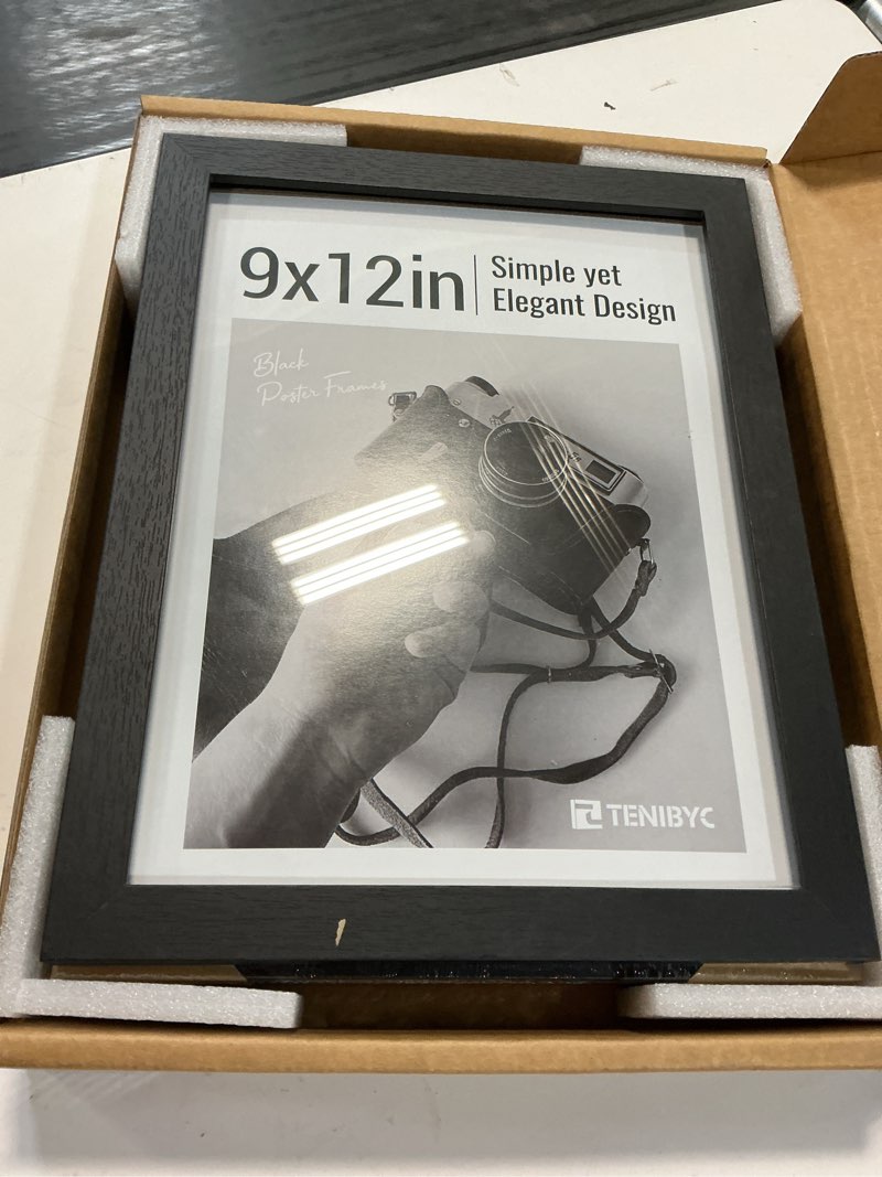 Condition photo showing New/Like New for 9x12 frame 3 pack - black woodgrain, 9 x 12 picture frame with hd tempered glass, table or wall display 3 pack black 9 x 12