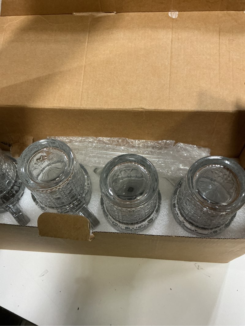 Condition photo showing Good Condition for 4 pack glass tumblers with handle, 17 oz reusable iced coffee cups with lid, straw and brush, diamond pattern drinking glass mug for cold hot beverages, smoothies, juice, milk