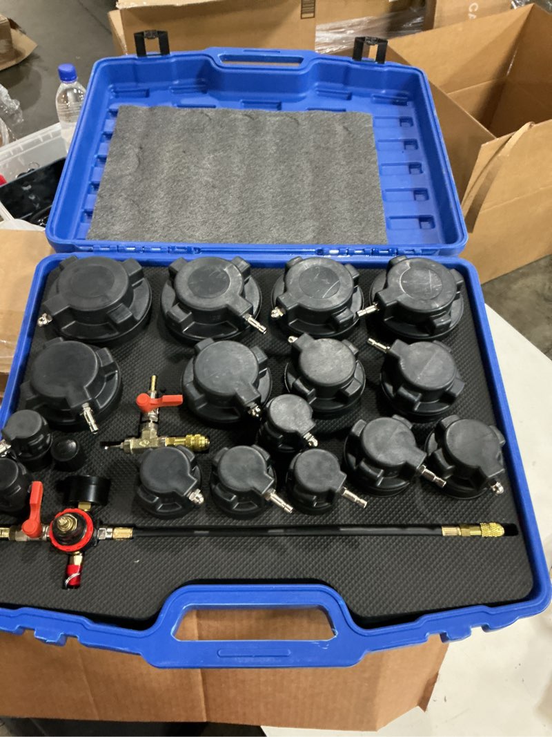Condition photo showing Good Condition for dptool turbo system leakage tester kit 19pcs turbo boost leak tester turbocharger air pressure guage cooling system intercoolers radiators hose leaks test with 16 stepped adapters 1-1/4'' to 4-1/4''