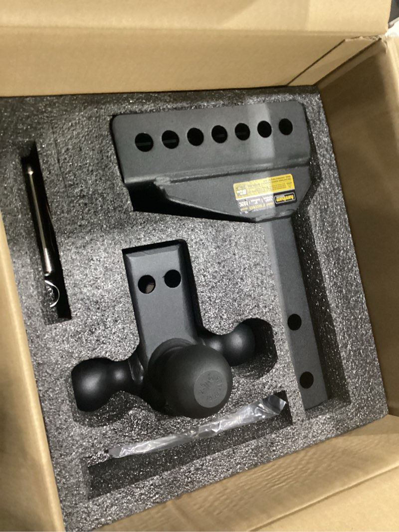 Condition photo showing New/Like New for drop hitch adjustable trailer hitch, tow hitch with 6-inch drop/rise for truck (16,500 lbs gtw), adjustable drop hitch fits 2-inch receiver, trailer hitches with double anti-theft pins locks black