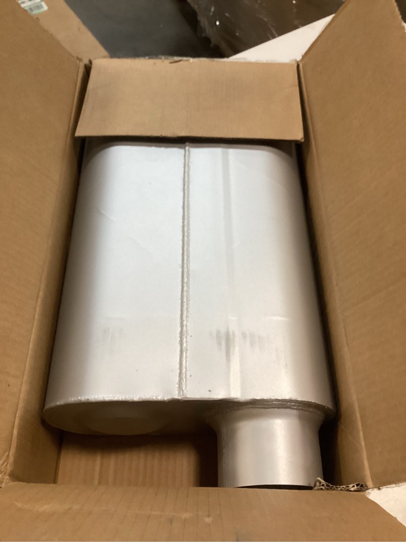 Condition photo showing Good Condition for Universal Mufflers, Two Chamber 3'' offset inlet (ID) 3'' offset outlet (ID) Performance Automotive Exhaust Muffler FH43043 Silver 3"