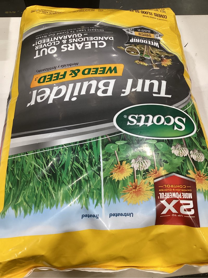 Condition photo showing As Is for scotts turf builder weed and feed3 - weed killer plus lawn fertilizer, controls dandelion and clover, grass fertilizer for up to 15,000 sq. ft., 42.87 lbs.