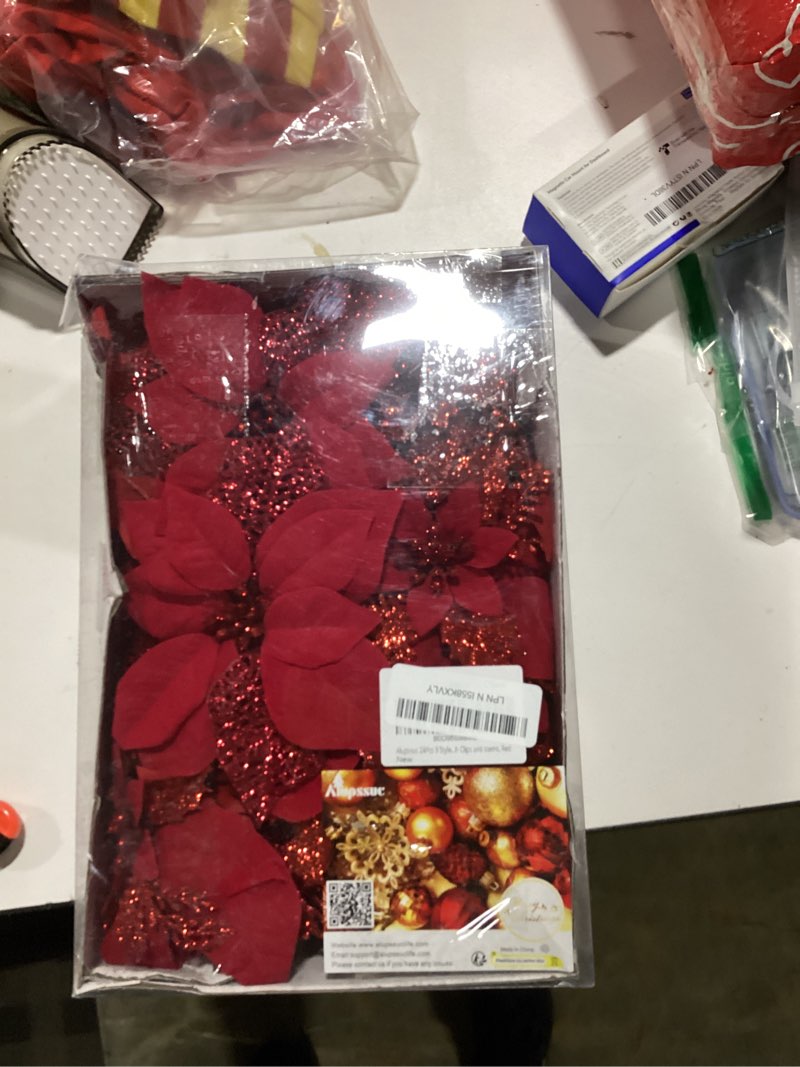 Alupssuc 24 PCS 3 Styles 6'' Poinsettia Christmas Flowers Artificial, Glitter Artificial Flower, Chr