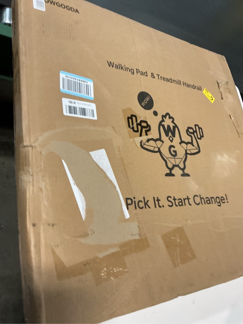 Condition photo showing New/Like New for walking pad handle bar attachment only, compatible with walking pads 22.4" wide, adjustable treadmill handrail with phone/cup holder & towel hooks,overbold stable, easy assembly, black