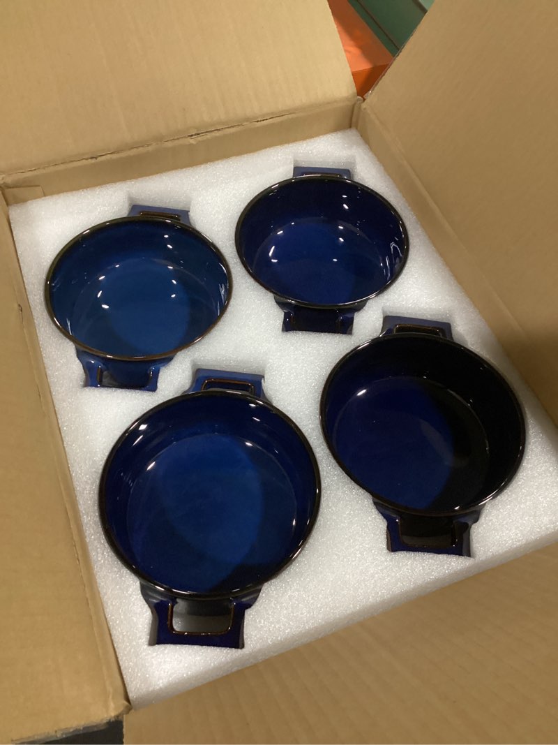 Condition photo showing As Is for French Onion Soup Bowls – 24 Oz Ceramic Soup Crocks with Handles for French Onion Soup, Beef Stew, Chili, Cheese – Microwave Dishwasher Oven Safe, Set of 4, Blue