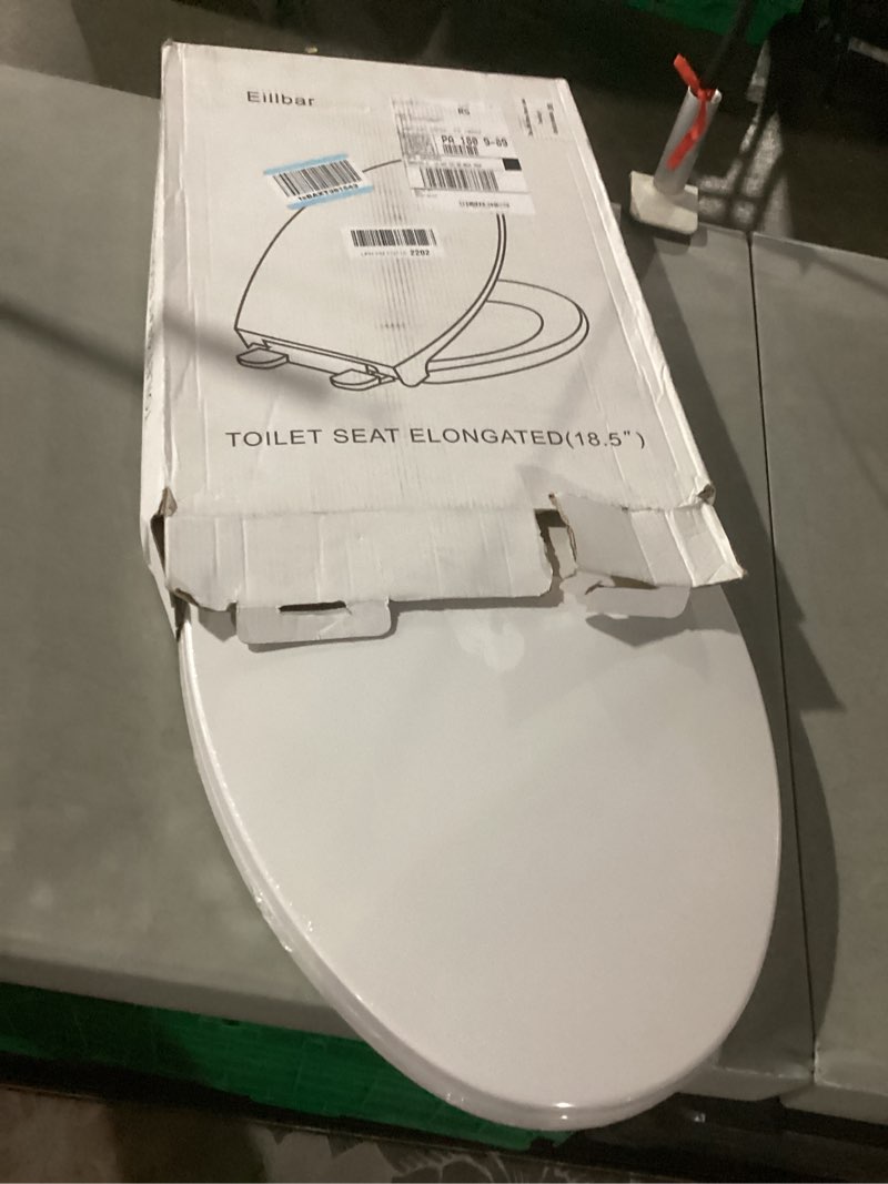 Condition photo showing As Is for elongated toilet seat, 18.5” soft/slow close oval (oblong) toilet seat for elongated toilets, no-slam quiet-close lid, easy-to-install & clean, durable never-loosen white plastic seat white elongated(oval)