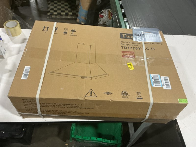 Condition photo showing New/Like New for wall mount range hood 30 inch with ducted/ductless convertible duct, stainless steel chimney-style over stove vent hood with led light, 3 speed exhaust fan, 450 cfm button control mesh filters