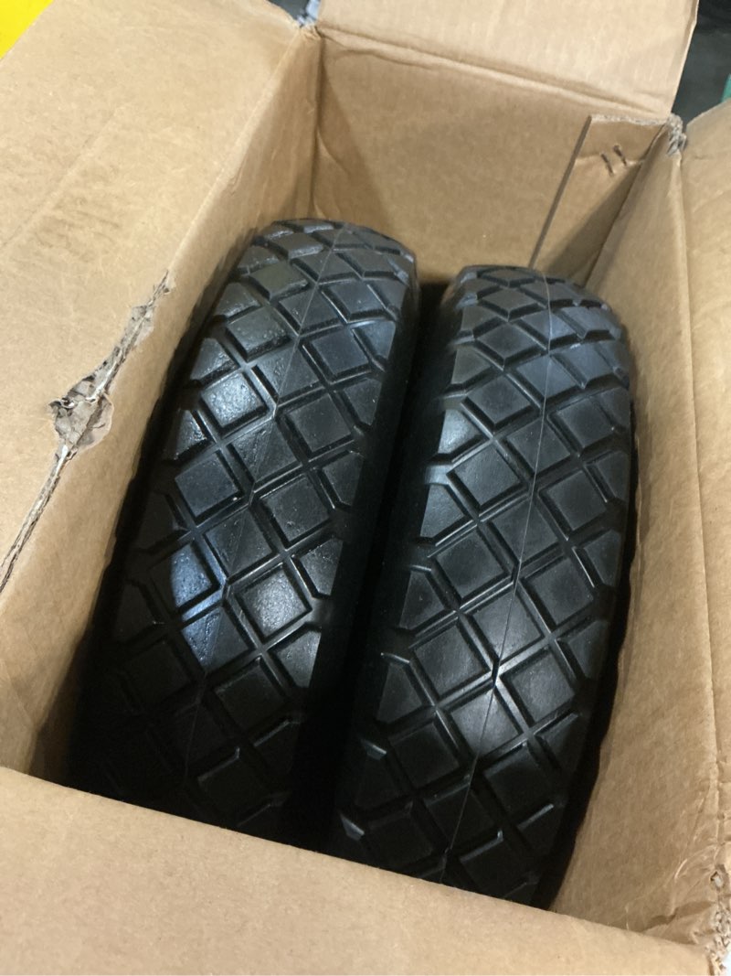 Condition photo showing Good Condition for 4.80/4.00-8" tire and wheel flat free 2 pcs, 16" solid wheelbarrow tire with 5/8" & 3/4" bearings,3"-7" centered hub, 14"-16" universal fit for hand truck/garden trailer/trolley/wagon black-white 2