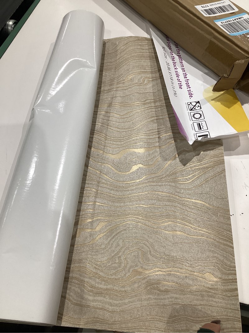 Condition photo showing Good Condition for gold khaki wood peel and stick wallpaper stripe, 20.8" x 118" (53cm x300cm), removable, self-adhesive, 3d, modern, rustic, industrial, bathroom, bedroom, decorating 20.8" x 118" gold khaki