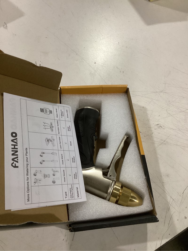 Condition photo showing Good Condition for fanhao garden hose nozzle, 100% heavy duty metal spray nozzle high pressure water nozzle with 4 patterns for watering garden, washing cars and showering pets - full brass nozzle & non-slip grip adjustable patterns
